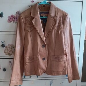 Elegant Tan Leather Blazer with Embroidery